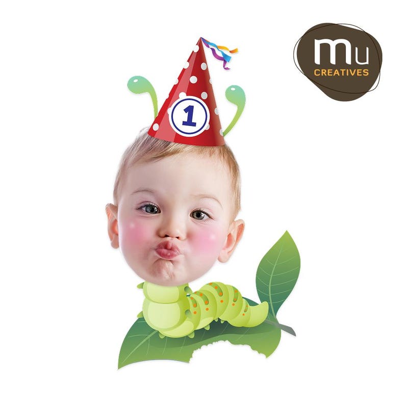 May include: A whimsical illustration of a baby with rosy cheeks, wearing a red polka-dot party hat with the number 1. The baby's face is superimposed on a green caterpillar body, resting on a leaf. The image has a playful, cartoonish style.