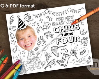 Personalized Fishing Birthday Coloring Placemat, Photo Custom Kids Activity (Digital Download)