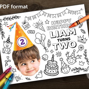 Print-It-Yourself Digital Copy, Personalised Photo Digital Coloring Placemat, Custom Red Orange Green Blue Birthday Hat Coloring Sheets image 3
