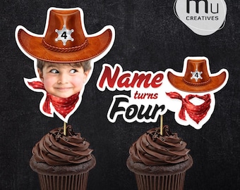 Canva Template Cowboy Hat Custom Face Birthday Party Topper with Name (Digital Download)