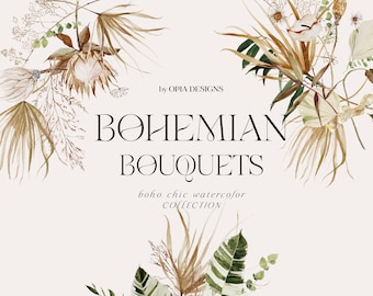 Boho acuarela clipart- ramos de acuarela - palma seca - Protea - paquete de ramos - flores boho - flores modernas - imágenes prediseñadas de boda