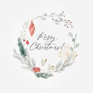 May include: A watercolor illustration of a Christmas wreath with greenery, berries, and a red ornament. The wreath is decorated with gold snowflakes and the text "Merry Christmas!" is written in black calligraphy.