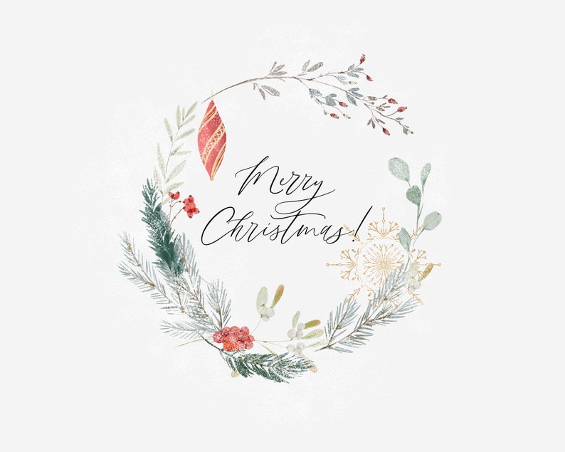 May include: A watercolor illustration of a Christmas wreath with greenery, berries, and a red ornament. The wreath is decorated with gold snowflakes and the text "Merry Christmas!" is written in black calligraphy.