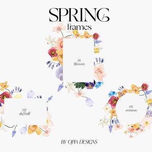 May include: Three watercolour floral frames with white backgrounds and text overlays. The frames are decorated with daffodils, anemones, and other spring flowers in shades of yellow, pink, red, and blue. The text overlays read "01 blossom", "02 daffodil", and "03 creation".