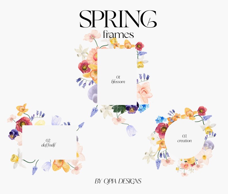May include: Three watercolour floral frames with white backgrounds and text overlays. The frames are decorated with daffodils, anemones, and other spring flowers in shades of yellow, pink, red, and blue. The text overlays read "01 blossom", "02 daffodil", and "03 creation".
