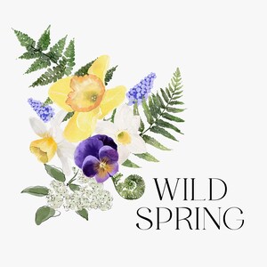 May include: A watercolor illustration of a bouquet of spring flowers, including daffodils, pansies, and ferns. The flowers are arranged in a corner of the image, with the text "WILD SPRING" below them.