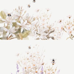 May include: Watercolor illustration of white flowers and bees. The flowers are arranged in a cluster and have a delicate, watercolor look. The bees are flying around the flowers and are depicted in a realistic style. The text "honey love" and "bee + honey collection" is written at the top of the image.