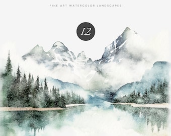 Watercolor Snowy Mountains - Watercolor Winter Clipart - Mountain Landscapes Clipart - Fine Art Landscapes - Mountain Clipart - Landscapes