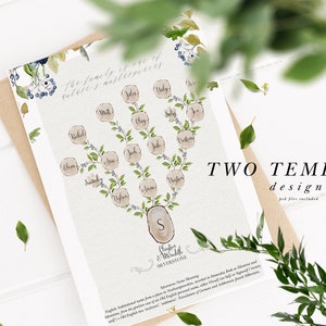 May include: A printable family tree template with a watercolor design featuring a tree with branches and leaves, and a wooden texture. The template includes a space for names and a quote about family being a masterpiece. The text "TWO TEMPLATE designs" is also included.
