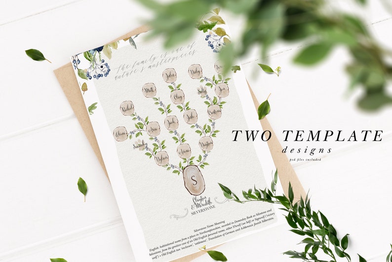 May include: A printable family tree template with a watercolor design featuring a tree with branches and leaves, and a wooden texture. The template includes a space for names and a quote about family being a masterpiece. The text "TWO TEMPLATE designs" is also included.