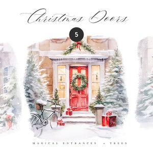 Weihnachten Aquarell Clipart - Weihnachten Türen Clipart - Aquarell Clipart - Weihnachts Clipart - Einladung Clipart - Weihnachten Türen Szenen