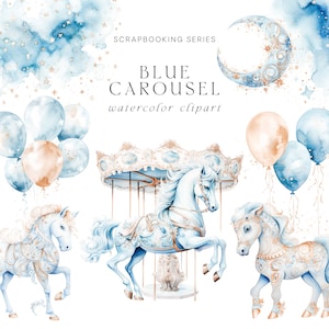 Watercolor Blue Carousel Clipart - Pony Clipart - Carousel Clipart - Nursery Clipart - Stickers Clipart - Scrapbooking Clipart-Pony Carousel