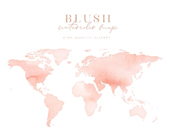 May include: A watercolor world map in a blush pink color. The map is outlined in white and shows the continents of the world. The text "BLUSH watercolor map" is written in a gold font above the map. The text "HIGH QUALITY CLIPART" is written in a smaller gold font below the map.