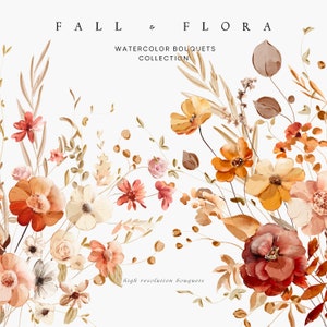 Clipart de acuarela floral - Clipart de acuarela de otoño - Clipart de otoño - Clipart de boda - Clipart floral - Clipart prefabricado-Clipart de acuarela