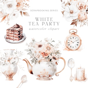 Aquarelle White Tea Party Clipart - Tea Time Clipart -Aquarelle Desserts -Cartes Clipart -Autocollants Clipart-Scrapbooking Clipart-Tea Clipart