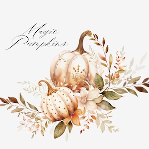 Puede incluir: Pintura acuarela de dos calabazas blancas con tallos marrones y detalles dorados, rodeadas de hojas marrones y verdes y flores blancas. El texto "Magic Pumpkins" est&aacute; escrito en cursiva negra sobre las calabazas.