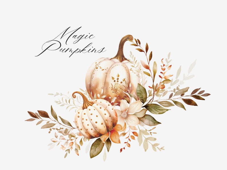 Puede incluir: Pintura acuarela de dos calabazas blancas con tallos marrones y detalles dorados, rodeadas de hojas marrones y verdes y flores blancas. El texto "Magic Pumpkins" est&aacute; escrito en cursiva negra sobre las calabazas.