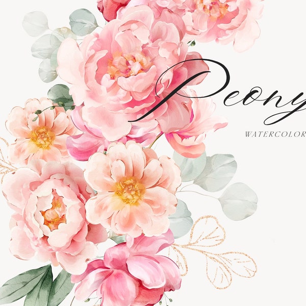 Peony Watercolor Clipart - Eucalyptus Clipart - Floral Clipart - Gold Foliage - Wedding Clipart - Peony Clipart - Watercolor Clipart - Peony