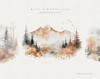 Imágenes Prediseñadas de montaña de acuarela - Imágenes Prediseñadas de montañas - Imágenes Prediseñadas de otoño - Imágenes Prediseñadas de otoño - Paisajes de niebla de montaña - Montañas - Bosque de acuarela
