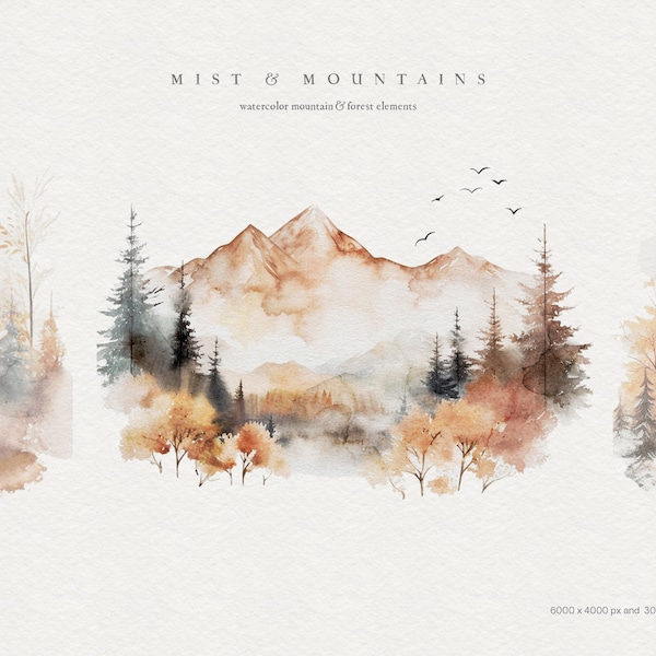 Aquarelle montagne Clipart - montagnes Clipart - Clipart automne - automne Clipart - montagnes brume paysages - montagnes - aquarelle forêt