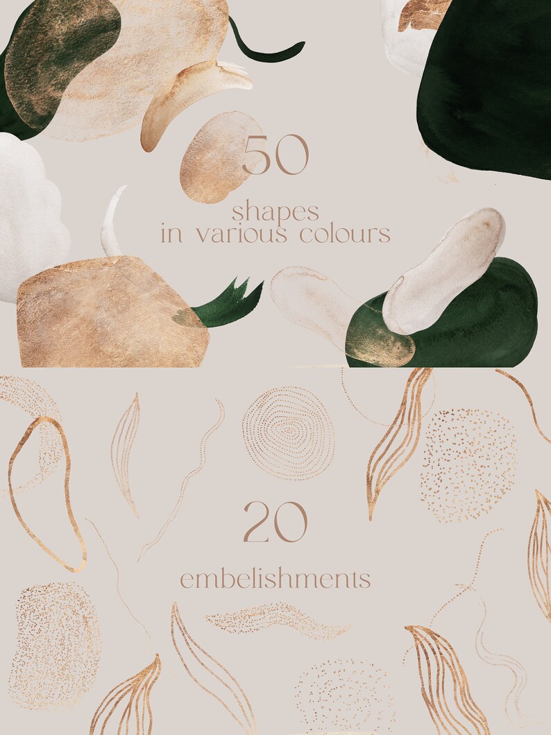 Puede incluir: Un conjunto de 50 formas abstractas en varios colores y 20 adornos dorados. Las formas son como de acuarela y los adornos son delicados e intrincados.