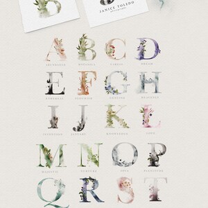 May include: A watercolor alphabet with floral and botanical elements. Each letter is surrounded by watercolor flowers and greenery. The letters are in a light gray font and the words below each letter are in a dark gray font. The words below each letter describe the letter. For example, the letter A is surrounded by pink flowers and the word below it is "Abundance".