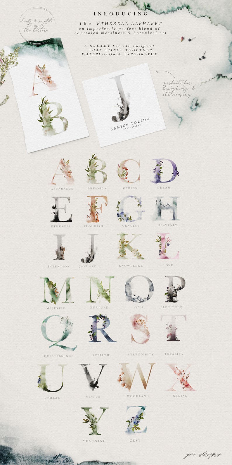 May include: A watercolor alphabet with floral and botanical elements. Each letter is surrounded by watercolor flowers and greenery. The letters are in a light gray font and the words below each letter are in a dark gray font. The words below each letter describe the letter. For example, the letter A is surrounded by pink flowers and the word below it is "Abundance".