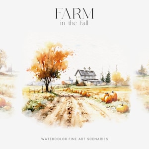 Paisajes de acuarela de otoño - Paisajes de granja de acuarela - Imágenes prediseñadas de paisajes -Escenas de otoño-Clipart de otoño -Paisajes de acuarela de bellas artes