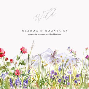 Weide en bergen bloemenranden - wilde bloemenranden - buiten bruiloft - rustieke bergen - berg clipart - aquarel berg