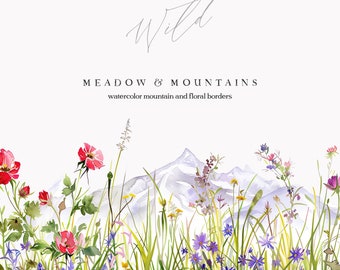 Meadow and Mountains Floral Borders - Wild Flowers Borders - Outdoors Wedding - Rustic Mountains - Mountain Clipart - Watercolor Mountain