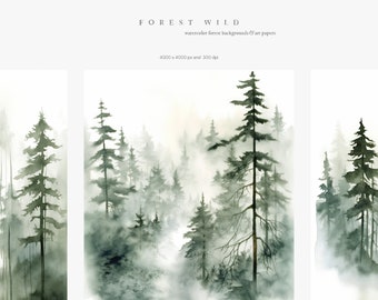Watercolor Forest Landscapes - Pine Trees Watercolor Clipart - Digital Papers - Watercolor Forest Backgrounds - Forest Backgrounds - Forest