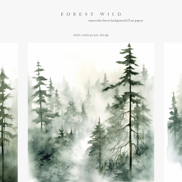 Watercolor Forest Landscapes - Pine Trees Watercolor Clipart - Digital Papers - Watercolor Forest Backgrounds - Forest Backgrounds - Forest