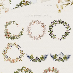 May include: Eight watercolor wreaths with a rustic woodland theme. Each wreath features different floral and foliage elements, including berries, leaves, and flowers. The wreaths are perfect for adding a touch of nature to your designs.