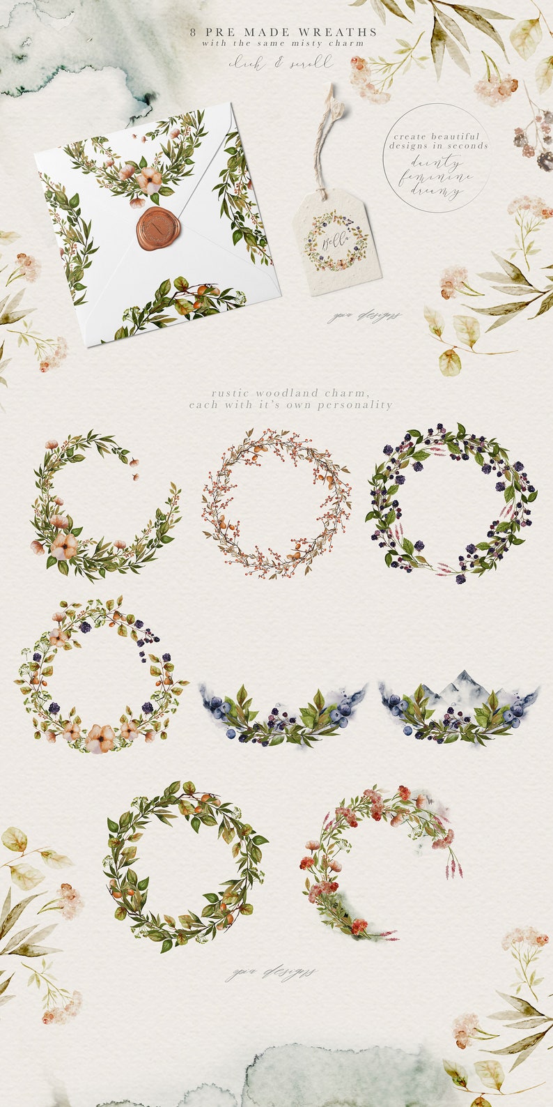 May include: Eight watercolor wreaths with a rustic woodland theme. Each wreath features different floral and foliage elements, including berries, leaves, and flowers. The wreaths are perfect for adding a touch of nature to your designs.