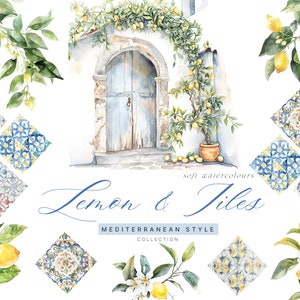 Clipart aquarelle méditerranéen - Clipart citronnier - Clipart carreaux - Citrons Clipart - Clipart carreaux méditerranéens - Clipart aquarelle