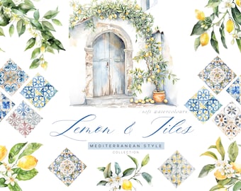 Peut inclure: Illustrations à l'aquarelle de citrons, de branches de citronniers et de carreaux à motifs bleus et blancs. Le texte "Lemon & Tiles" et "Mediterranean Style Collection" est écrit dans une police décorative.