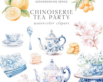 Watercolor Tea Time Clipart - Tea Time Clipart -Watercolor Desserts -Chinoiserie Clipart - Stickers Clipart-Scrapbooking Clipart-Tea Clipart