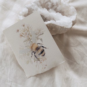 May include: A watercolor painting of a bumblebee surrounded by white flowers on a white background.