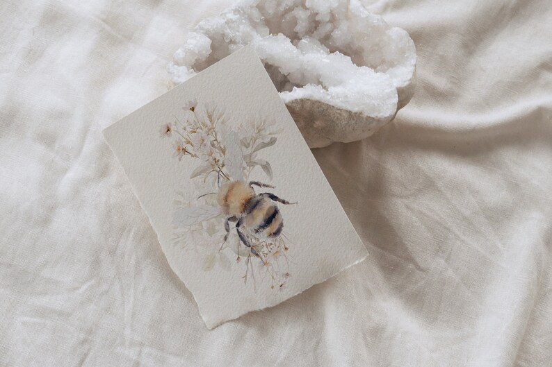 May include: A watercolor painting of a bumblebee surrounded by white flowers on a white background.