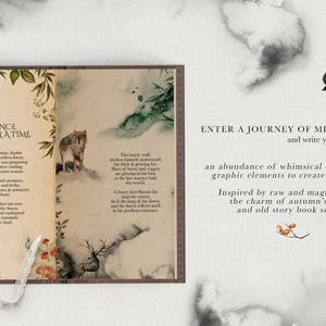 May include: An open book with watercolor illustrations of a wolf, a deer, and a forest scene. The book has the text "Once Upon A Time" and a poem about the forest. The background is a white surface with a black bird.