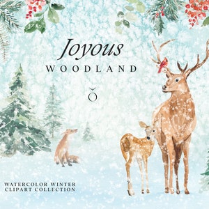 Woodland Winter Acquerello Clipart - Clipart di Natale - Clipart invernale - Bosco - Acquerello Inverno - Animali invernali - Elementi invernali