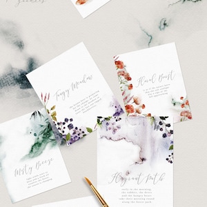 May include: Seven watercolor cards with autumnal themes. Each card features a different watercolor illustration and a short poem about the season. The cards are perfect for adding a touch of autumn to your home decor or for sending as a greeting card.
