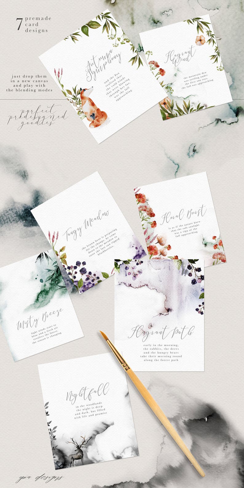 May include: Seven watercolor cards with autumnal themes. Each card features a different watercolor illustration and a short poem about the season. The cards are perfect for adding a touch of autumn to your home decor or for sending as a greeting card.