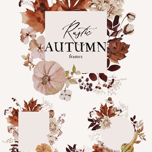 Op de afbeelding: Rustieke herfstframes met aquarel illustraties van herfstbladeren, bloemen en pompoenen. De frames zijn leeg en klaar voor uw eigen tekst of afbeeldingen.