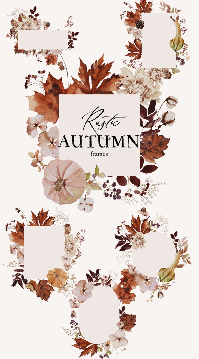 Op de afbeelding: Rustieke herfstframes met aquarel illustraties van herfstbladeren, bloemen en pompoenen. De frames zijn leeg en klaar voor uw eigen tekst of afbeeldingen.