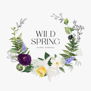 May include: A watercolor illustration of a floral wreath with purple crocuses, white daffodils, and blue muscari flowers. The wreath is surrounded by green leaves and ferns. The text "WILD SPRING creative stationery" is in the center of the wreath.