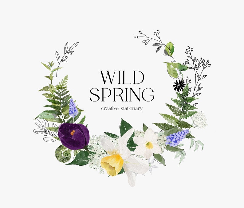 May include: A watercolor illustration of a floral wreath with purple crocuses, white daffodils, and blue muscari flowers. The wreath is surrounded by green leaves and ferns. The text "WILD SPRING creative stationery" is in the center of the wreath.