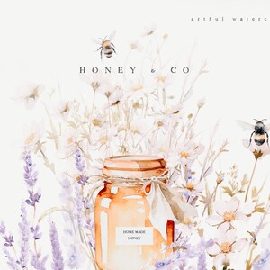 May include: Watercolor illustration of a jar of honey with a label that says "Home Made Honey". The jar is surrounded by white flowers and lavender. Two bees are flying near the flowers. The text "Honey & Co" is written above the jar.