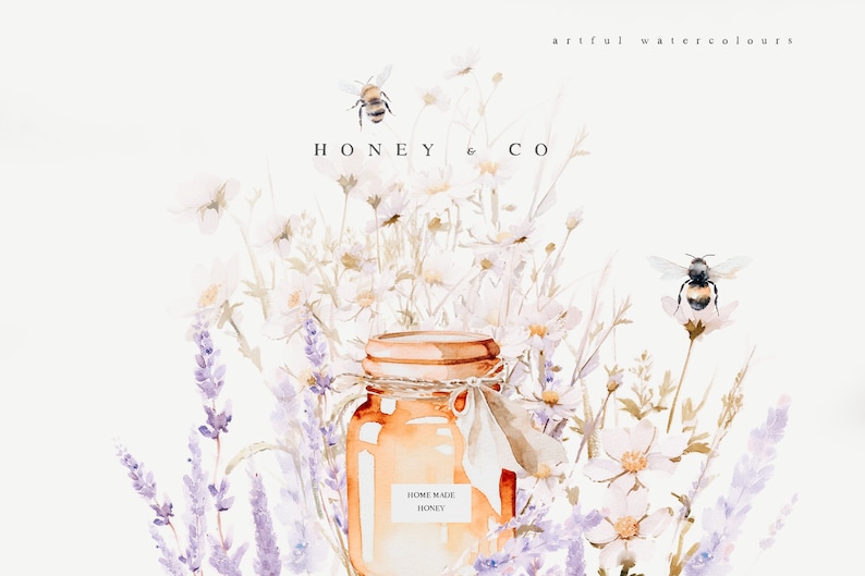 May include: Watercolor illustration of a jar of honey with a label that says "Home Made Honey". The jar is surrounded by white flowers and lavender. Two bees are flying near the flowers. The text "Honey & Co" is written above the jar.