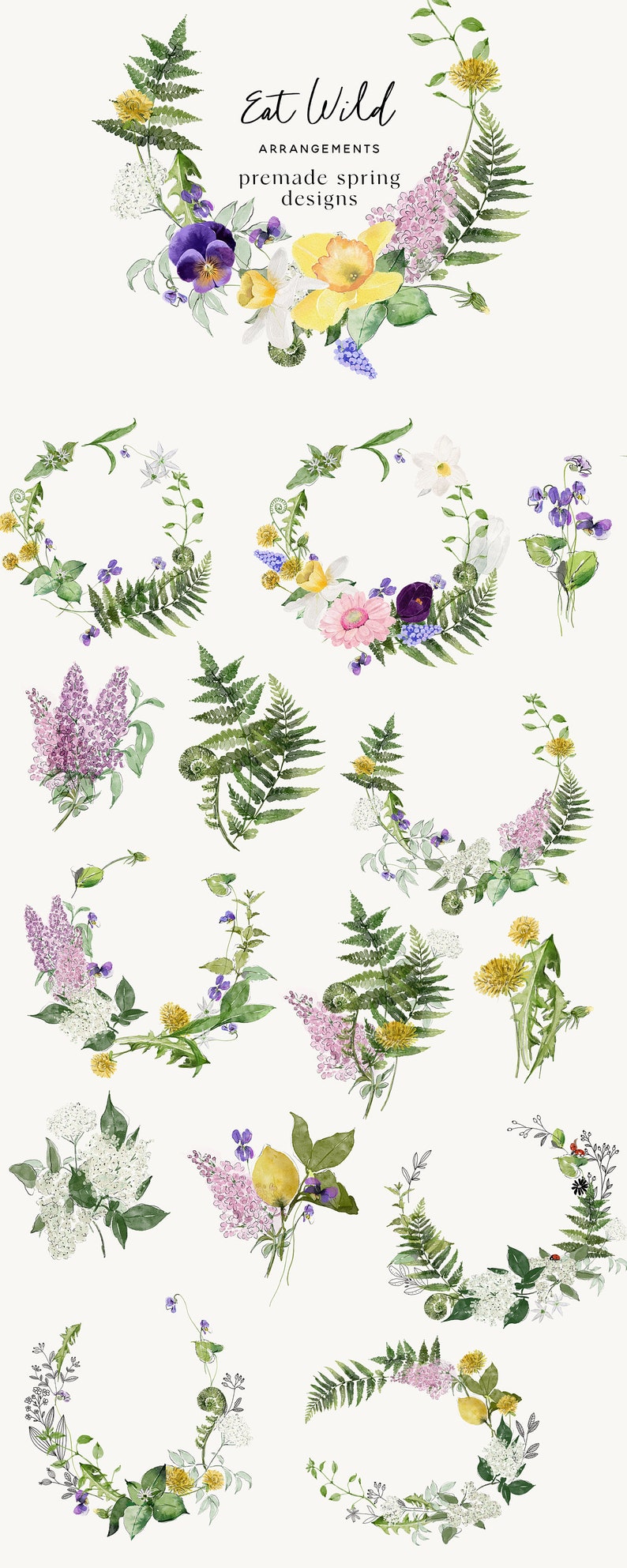 May include: A set of 12 watercolor floral illustrations featuring a variety of spring flowers, including lilacs, daffodils, pansies, and ferns. The illustrations are perfect for creating invitations, cards, and other paper crafts.